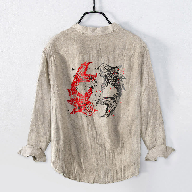 Chemise homme en coton et lin à manches longues, ornée de demi-boutons et de motifs de carpes koï Yin Yang et de Buddha Stones - image 8