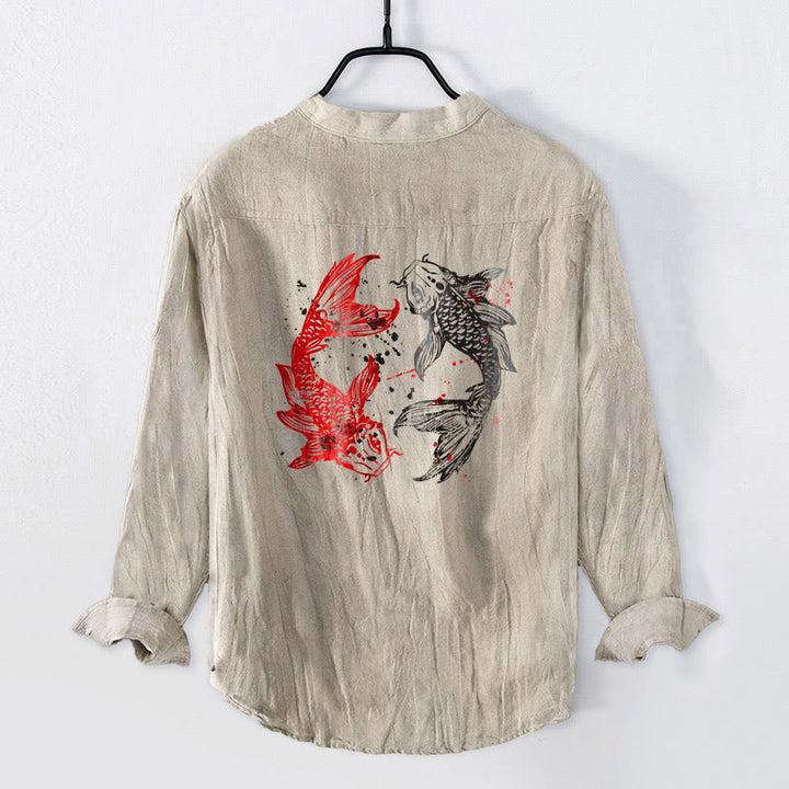 Chemise homme en coton et lin à manches longues, ornée de demi-boutons et de motifs de carpes koï Yin Yang et de Buddha Stones - image 8