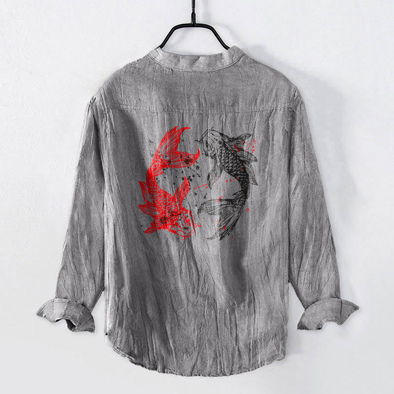 Chemise homme en coton et lin à manches longues, ornée de demi-boutons et de motifs de carpes koï Yin Yang et de Buddha Stones - image 2