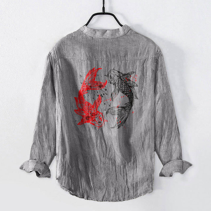 Chemise homme en coton et lin à manches longues, ornée de demi-boutons et de motifs de carpes koï Yin Yang et de Buddha Stones - image 2