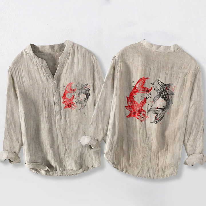 Chemise homme en coton et lin à manches longues, ornée de demi-boutons et de motifs de carpes koï Yin Yang et de Buddha Stones - Lin - US/UK/AU50，EU60 (5XL) - image 6