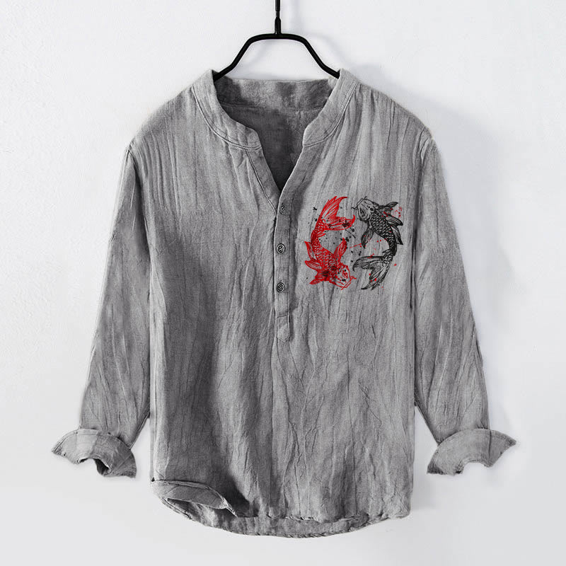 Chemise homme en coton et lin à manches longues, ornée de demi-boutons et de motifs de carpes koï Yin Yang et de Buddha Stones - image 1
