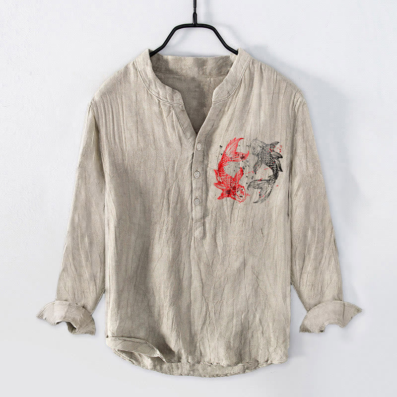 Chemise homme en coton et lin à manches longues, ornée de demi-boutons et de motifs de carpes koï Yin Yang et de Buddha Stones - image 7