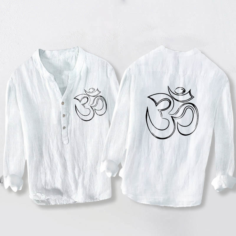 Chemise à manches longues pour homme en coton et lin, ornée d'un motif uni de Buddha Stones et du symbole Om. - Blanc - US/UK/AU50，EU60 (5XL) - image 6