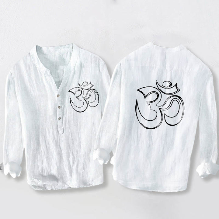Chemise à manches longues pour homme en coton et lin, ornée d'un motif uni de Buddha Stones et du symbole Om. - Blanc - US/UK/AU50，EU60 (5XL) - image 6