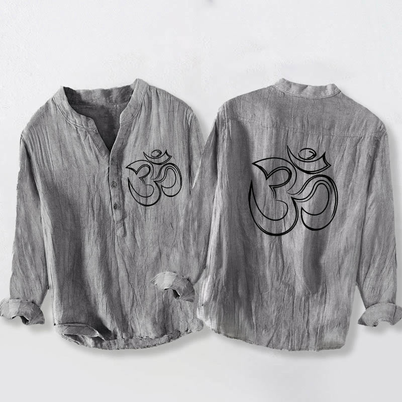 Chemise à manches longues pour homme en coton et lin, ornée d'un motif uni de Buddha Stones et du symbole Om. - Gris - US/UK/AU50，EU60 (5XL) - image 0