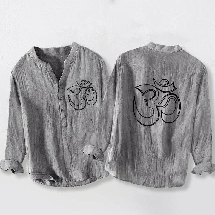Chemise à manches longues pour homme en coton et lin, ornée d'un motif uni de Buddha Stones et du symbole Om. - Gris - US/UK/AU50，EU60 (5XL) - image 0