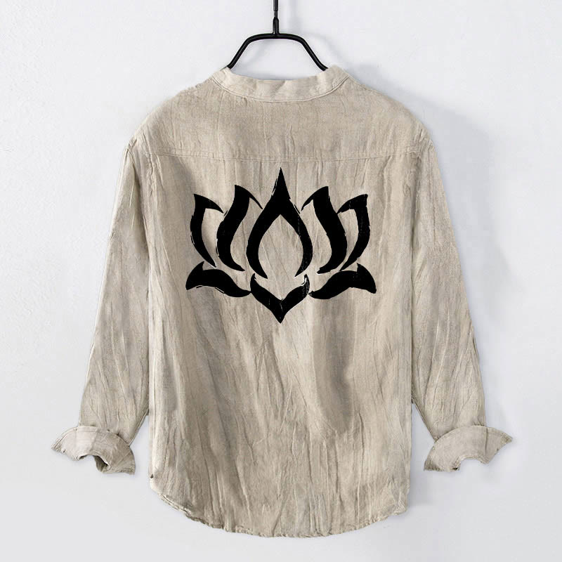 Chemise à manches longues pour homme en coton et lin, ornée d'un motif de lotus et de Buddha Stones , avec demi-boutons. - image 5