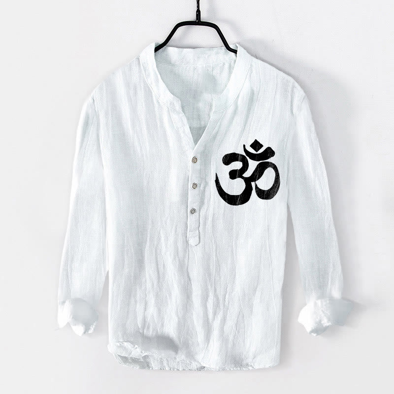 Chemise à manches longues pour homme en coton et lin, ornée d'un motif de lotus et de Buddha Stones , avec demi-boutons. - image 7