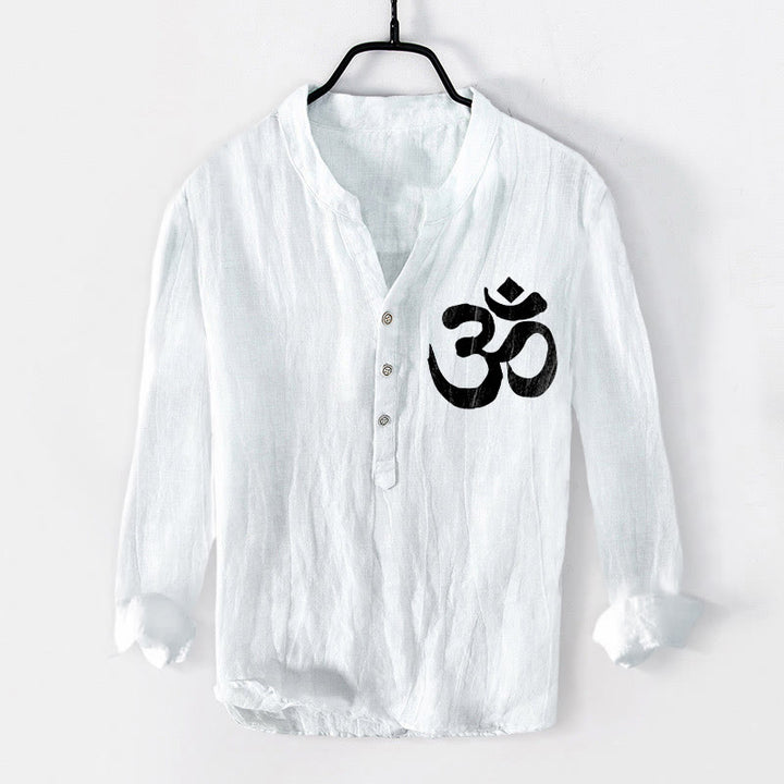 Chemise à manches longues pour homme en coton et lin, ornée d'un motif de lotus et de Buddha Stones , avec demi-boutons. - image 7