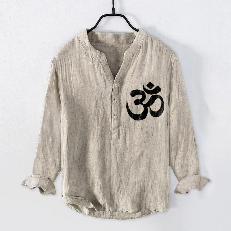 Chemise à manches longues pour homme en coton et lin, ornée d'un motif de lotus et de Buddha Stones , avec demi-boutons. - image 4
