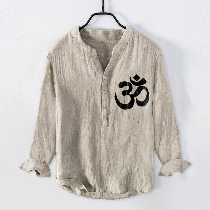 Chemise à manches longues pour homme en coton et lin, ornée d'un motif de lotus et de Buddha Stones , avec demi-boutons. - image 4
