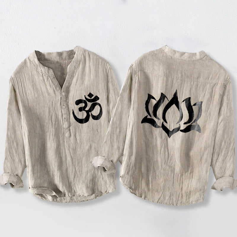 Chemise à manches longues pour homme en coton et lin, ornée d'un motif de lotus et de Buddha Stones , avec demi-boutons. - Lin - US/UK/AU50，EU60 (5XL) - image 3