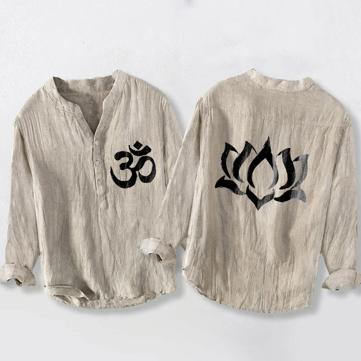 Chemise à manches longues pour homme en coton et lin, ornée d'un motif de lotus et de Buddha Stones , avec demi-boutons. - Lin - US/UK/AU50，EU60 (5XL) - image 3