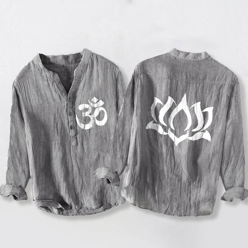 Chemise à manches longues pour homme en coton et lin, ornée d'un motif de lotus et de Buddha Stones , avec demi-boutons. - Gris - US/UK/AU50，EU60 (5XL) - image 0
