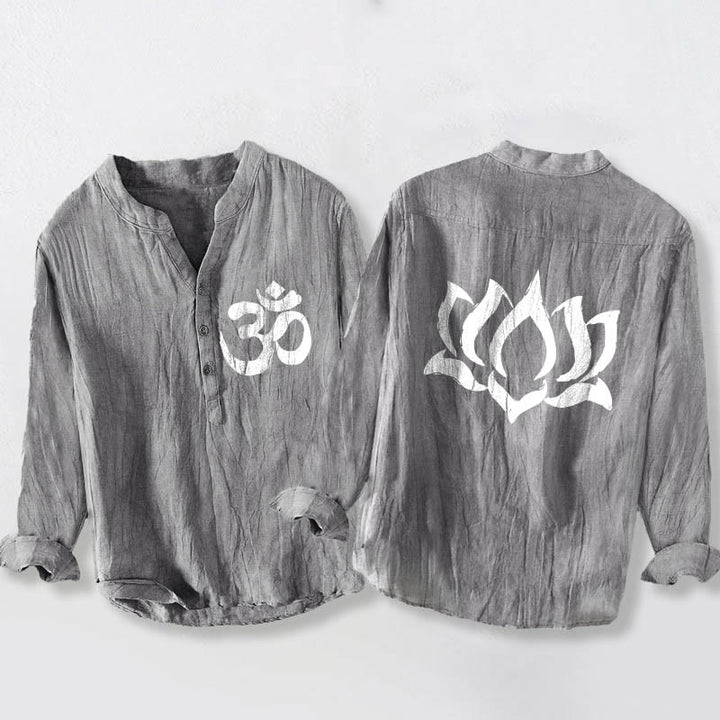 Chemise à manches longues pour homme en coton et lin, ornée d'un motif de lotus et de Buddha Stones , avec demi-boutons. - Gris - US/UK/AU50，EU60 (5XL) - image 0