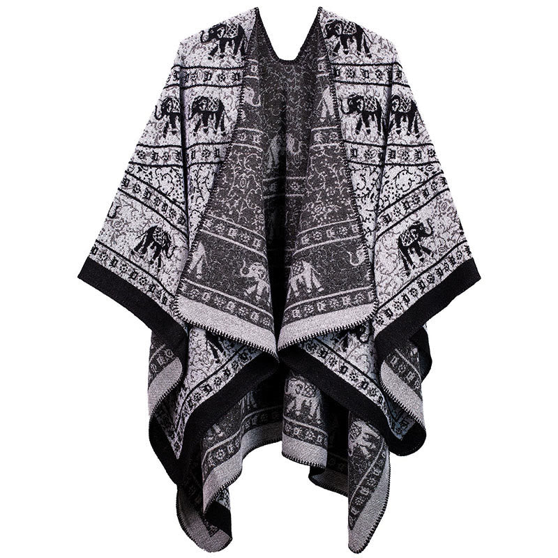 Écharpe châle unisexe confortable en jacquard Buddha Stones à motifs géométriques d'éléphants - Noir - image 0