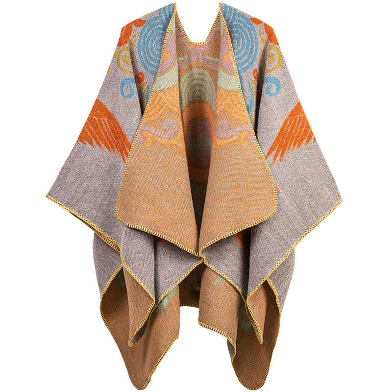 Écharpe châle unisexe confortable avec motif de grue et de nuage de bon augure, motif Buddha Stones tibétain ouvert sur le devant - SandyBrown - image 5