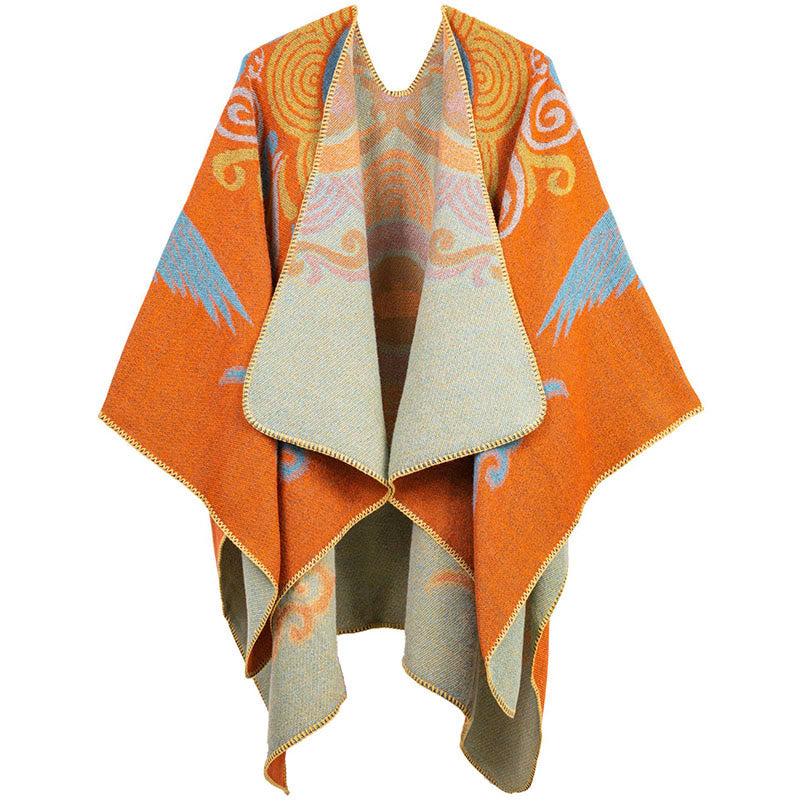 Écharpe châle unisexe confortable avec motif de grue et de nuage de bon augure, motif Buddha Stones tibétain ouvert sur le devant - Orange foncé - image 0