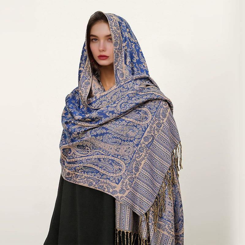 Écharpe châle confortable à pompons et motif cachemire tibétain ethnique Buddha Stones - Bleu ardoise - 70 x 180 cm - image 10