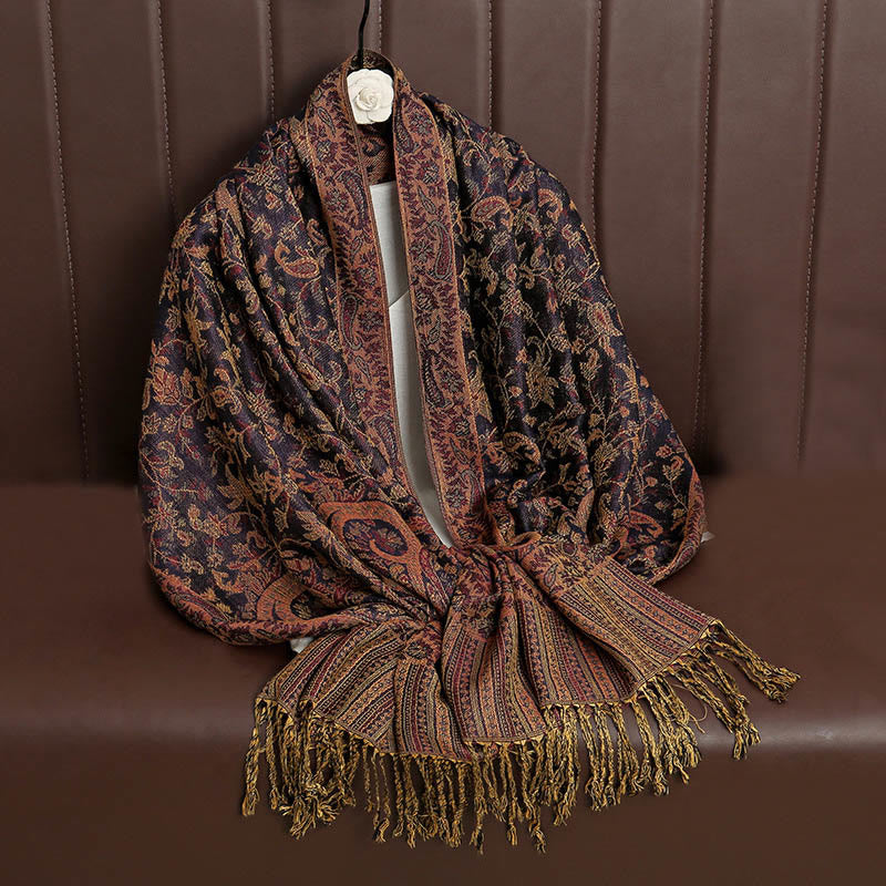 Écharpe châle confortable à pompons et motif cachemire tibétain ethnique Buddha Stones - image 1