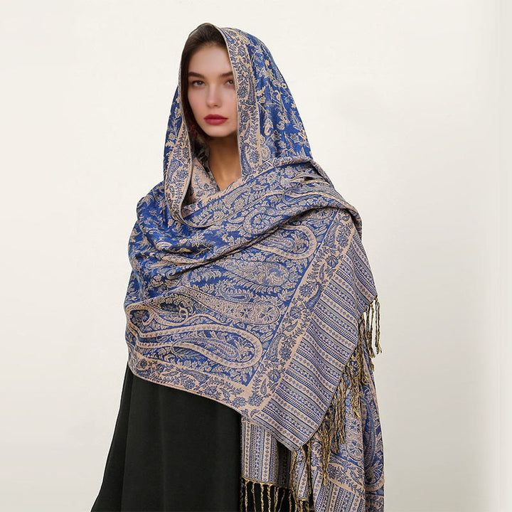 Écharpe châle confortable à pompons et motif cachemire tibétain ethnique Buddha Stones - Bleu ardoise - 70*180cm - image 10