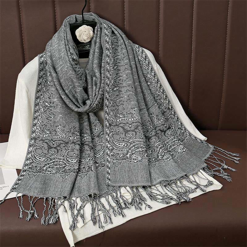 Écharpe châle douillette en jacquard cachemire ethnique tibétain avec Buddha Stones - Gris foncé - 70*190cm - image 13