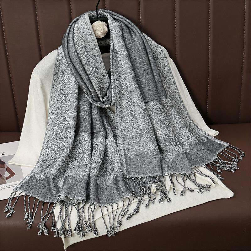Écharpe châle douillette en jacquard cachemire ethnique tibétain avec Buddha Stones - Gris clair - 70*190cm - image 12