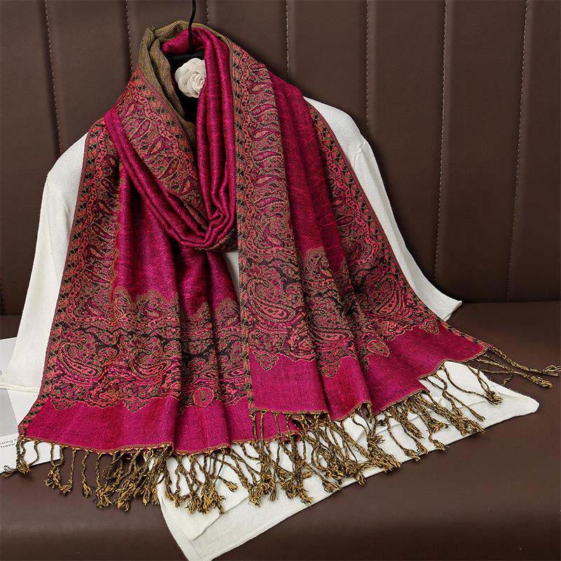 Écharpe châle douillette en jacquard cachemire ethnique tibétain avec Buddha Stones - Violet moyen Rouge - 70*190cm - image 3