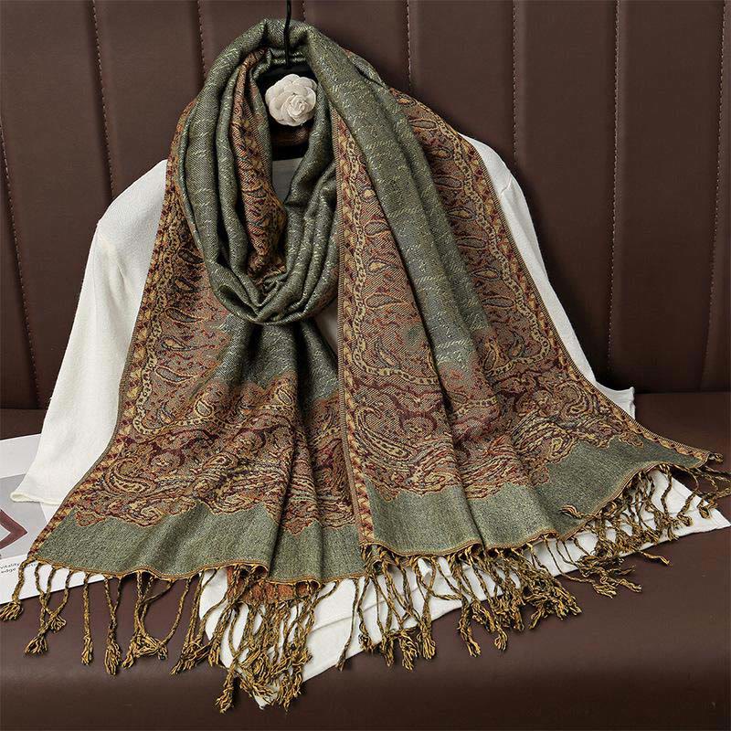 Écharpe châle douillette en jacquard cachemire ethnique tibétain avec Buddha Stones - Vert foncé - 70*190cm - image 4