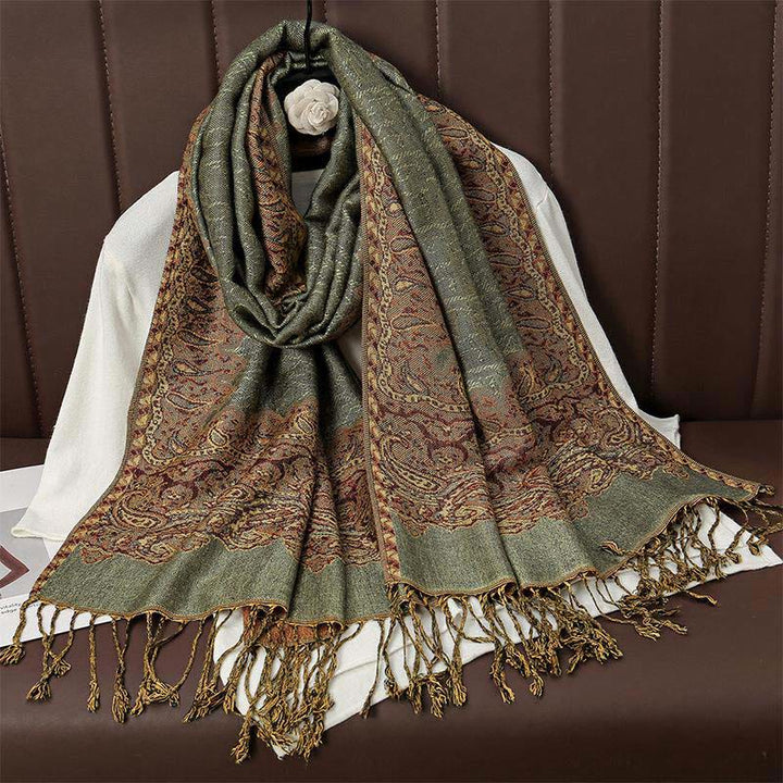 Écharpe châle douillette en jacquard cachemire ethnique tibétain avec Buddha Stones - Vert foncé - 70*190cm - image 4