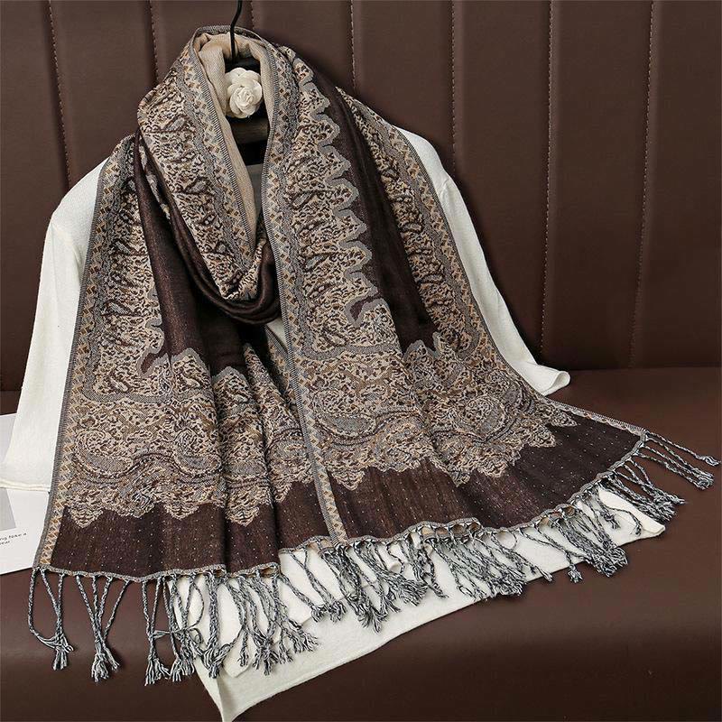 Écharpe châle douillette en jacquard cachemire ethnique tibétain avec Buddha Stones - SaddleBrown - 70*190cm - image 0