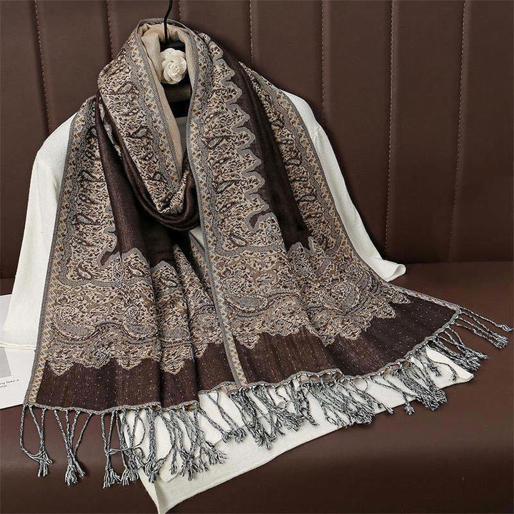 Écharpe châle douillette en jacquard cachemire ethnique tibétain avec Buddha Stones - SaddleBrown - 70*190cm - image 0