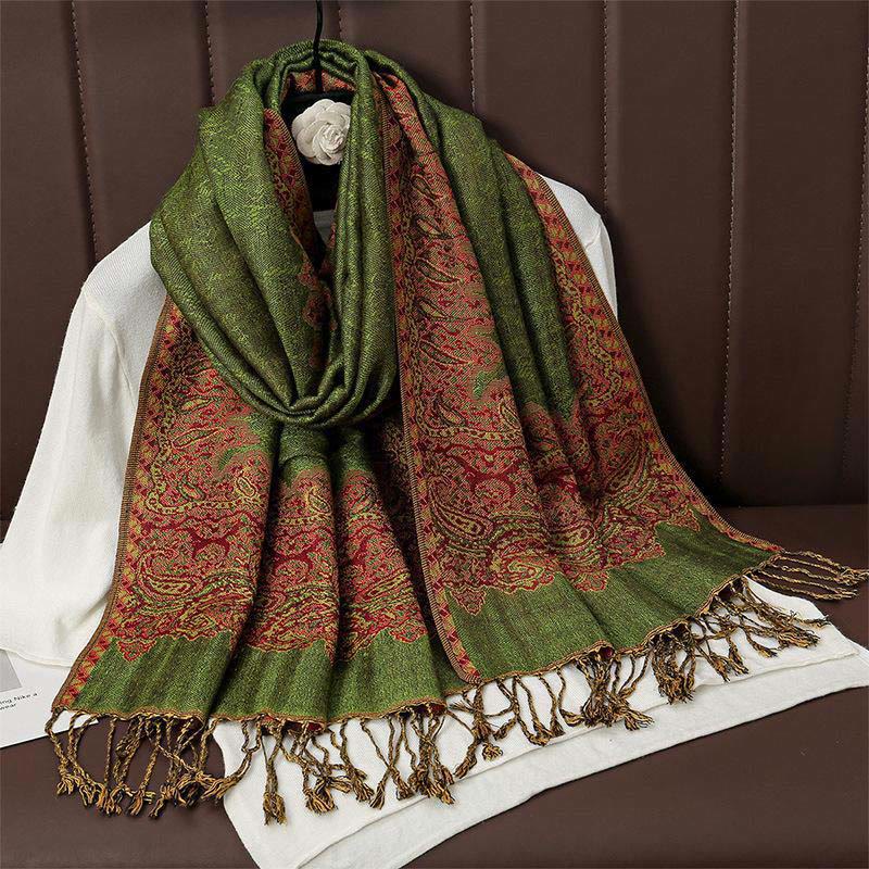Écharpe châle douillette en jacquard cachemire ethnique tibétain avec Buddha Stones - OliveDrab - 70*190cm - image 10