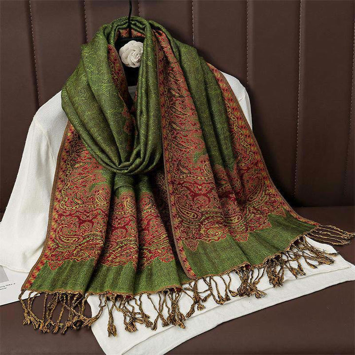 Écharpe châle douillette en jacquard cachemire ethnique tibétain avec Buddha Stones - OliveDrab - 70*190cm - image 10