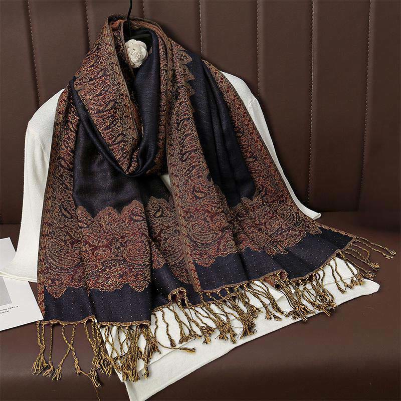 Écharpe châle douillette en jacquard cachemire ethnique tibétain avec Buddha Stones - Bleu nuit - 70*190cm - image 2