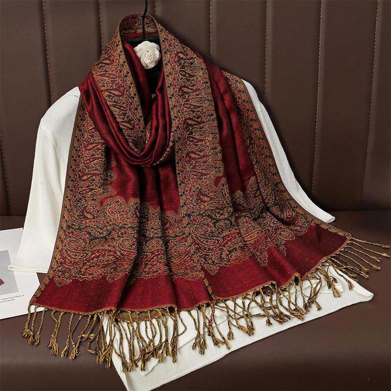 Écharpe châle douillette en jacquard cachemire ethnique tibétain avec Buddha Stones - Brique réfractaire - 70*190cm - image 1