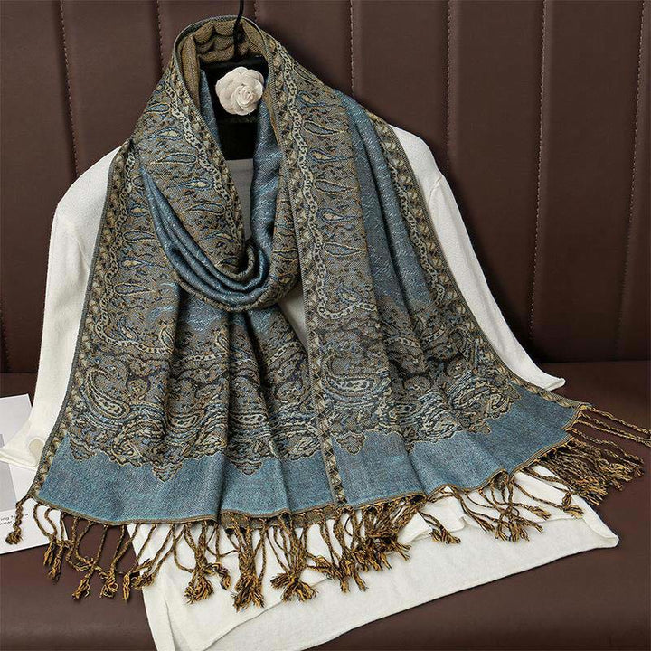 Écharpe châle douillette en jacquard cachemire ethnique tibétain avec Buddha Stones - Bleu acier clair - 70*190cm - image 5