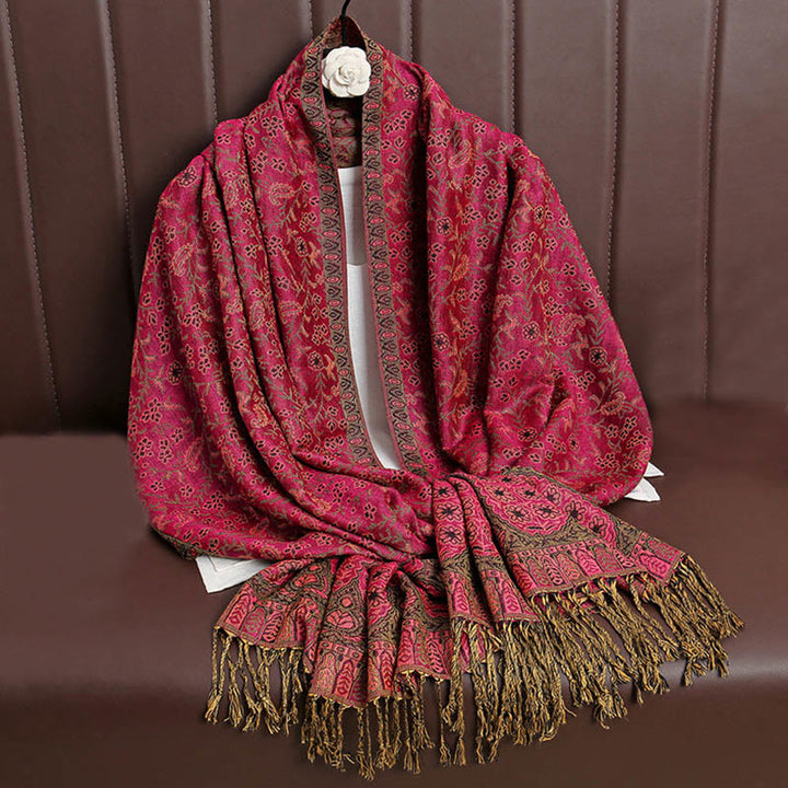 Écharpe confortable à pompons en jacquard Buddha Stones à motif cachemire et fleurs contrastées - Rose foncé - image 5