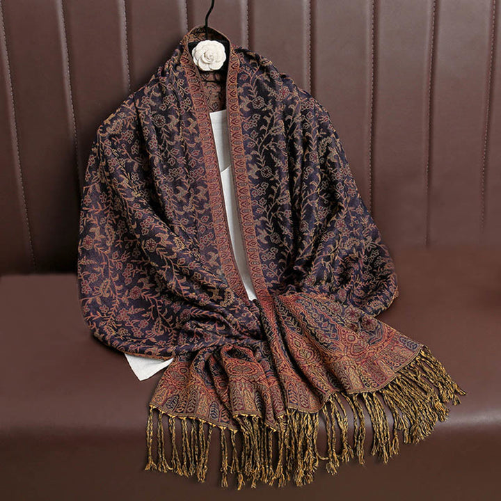 Écharpe confortable à pompons en jacquard Buddha Stones à motif cachemire et fleurs contrastées - Indigo - image 27