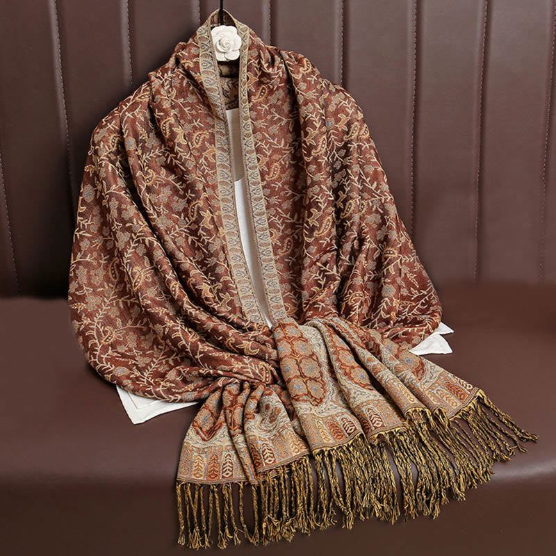 Écharpe confortable à pompons en jacquard Buddha Stones à motif cachemire et fleurs contrastées - Chocolat - image 18