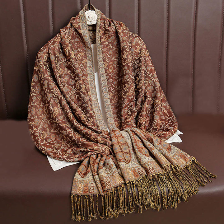 Écharpe confortable à pompons en jacquard Buddha Stones à motif cachemire et fleurs contrastées - Chocolat - image 18