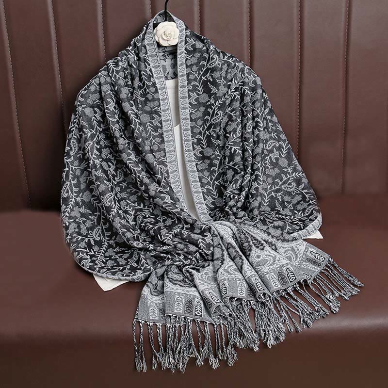 Écharpe confortable à pompons en jacquard Buddha Stones à motif cachemire et fleurs contrastées - Gris foncé - image 35