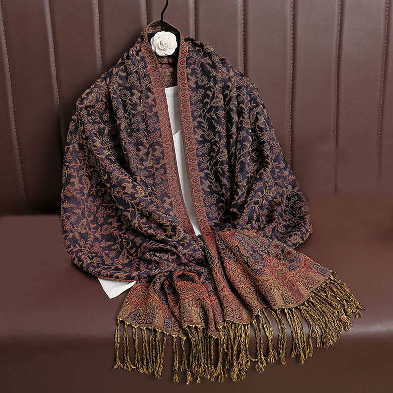 Écharpe confortable à pompons en jacquard Buddha Stones à motif cachemire et fleurs contrastées - Indigo - image 27