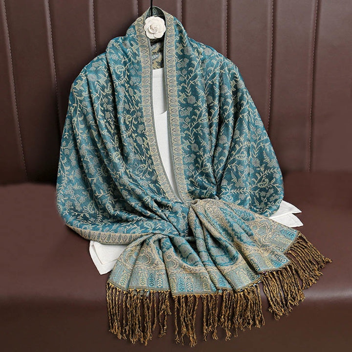Écharpe confortable à pompons en jacquard Buddha Stones à motif cachemire et fleurs contrastées - Vert clair - image 29