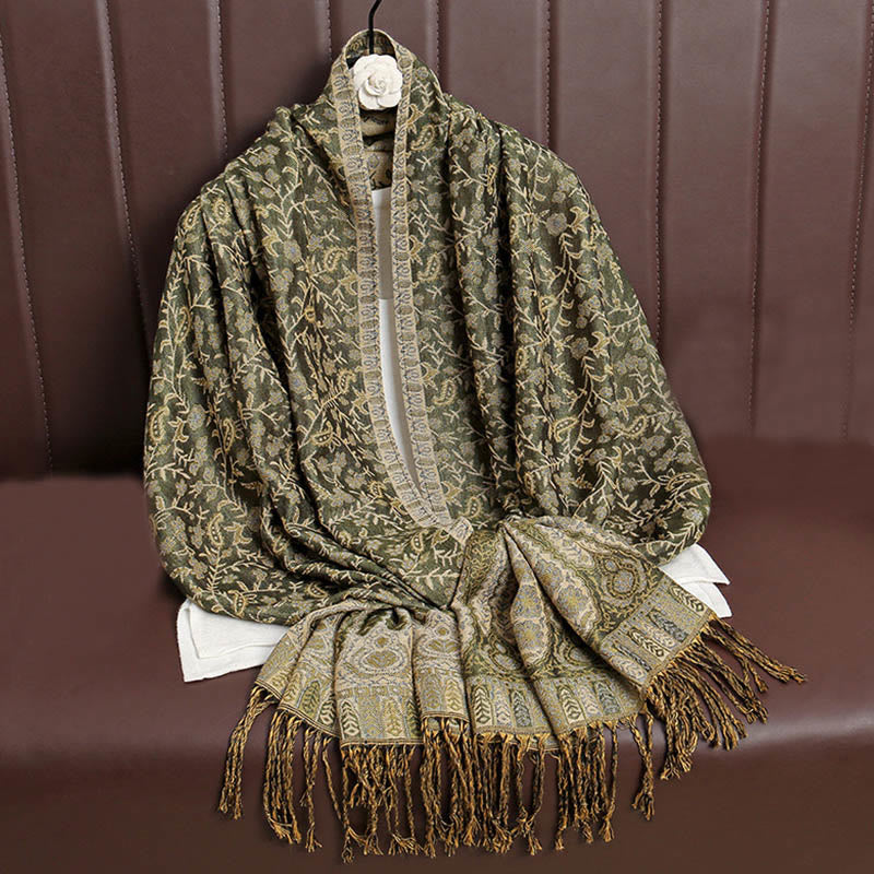 Écharpe confortable à pompons en jacquard Buddha Stones à motif cachemire et fleurs contrastées - Vert olive - image 17
