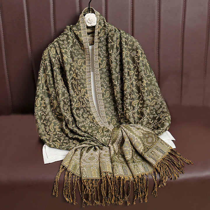 Écharpe confortable à pompons en jacquard Buddha Stones à motif cachemire et fleurs contrastées - Vert olive - image 17