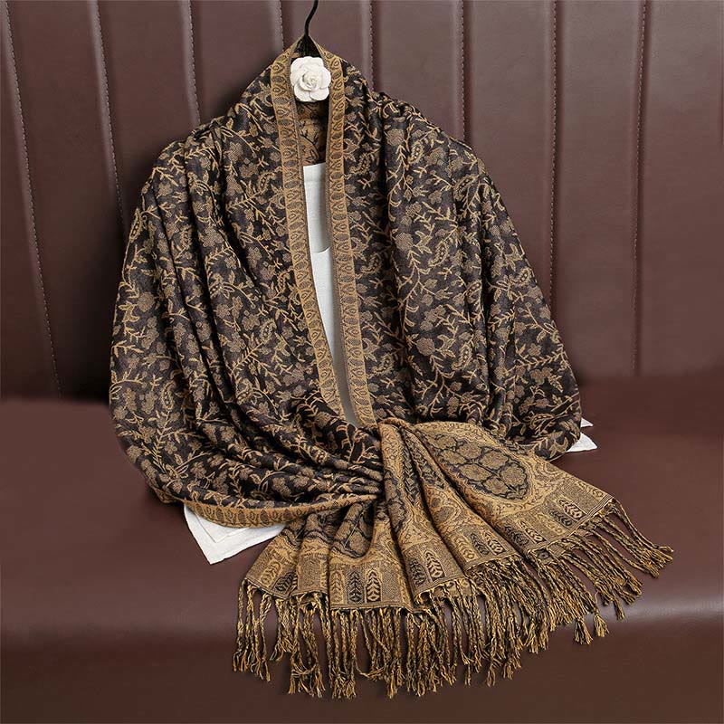 Écharpe confortable à pompons en jacquard Buddha Stones à motif cachemire et fleurs contrastées - DarkGoldenrod - image 39