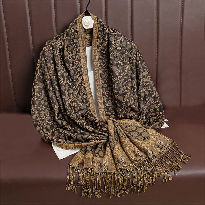 Écharpe confortable à pompons en jacquard Buddha Stones à motif cachemire et fleurs contrastées - Verge d'or foncée - image 39