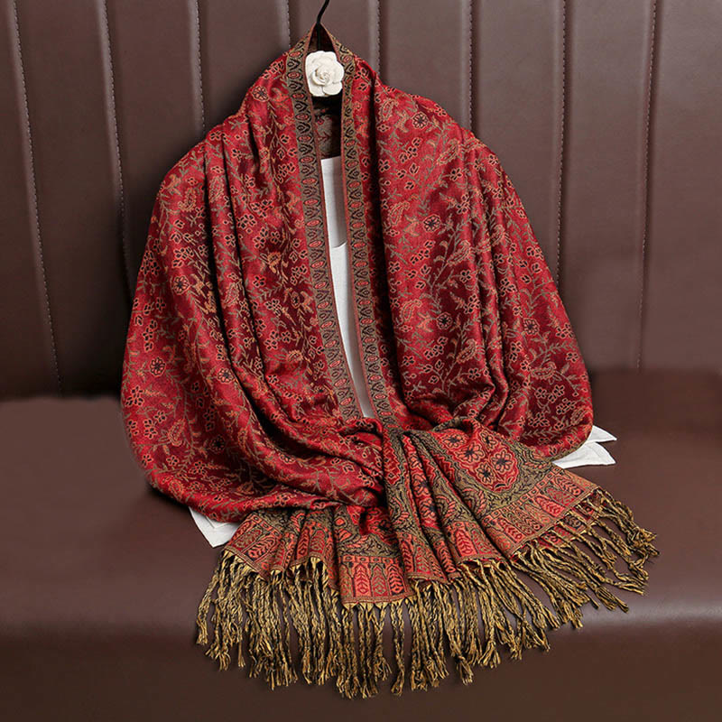 Écharpe confortable à pompons en jacquard Buddha Stones à motif cachemire et fleurs contrastées - Cramoisi - image 1